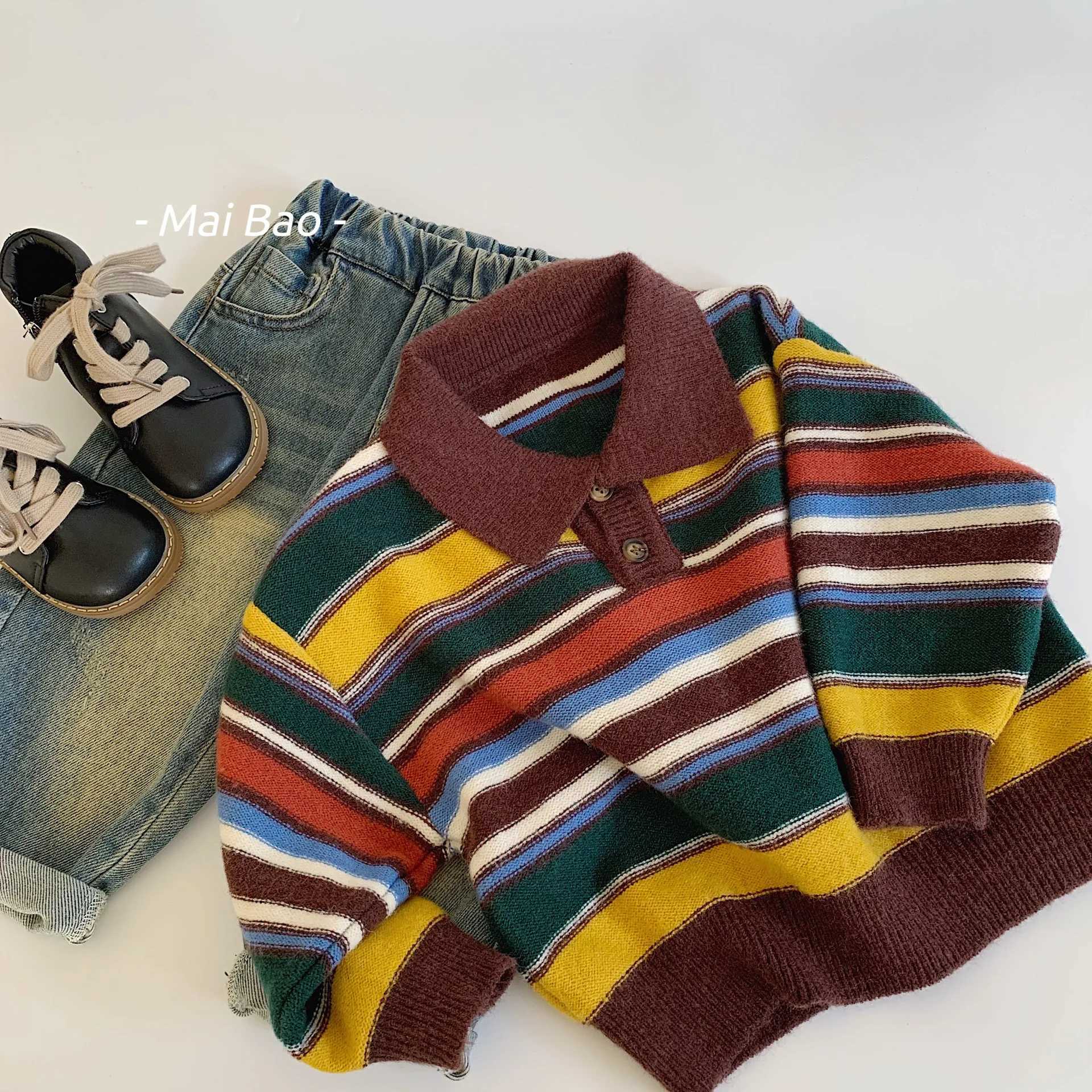 Childrens clothing childrens sweaters 2024 autumn new color striped sweaters loose long sleeved fashionable sweaters for boys and girls W241205