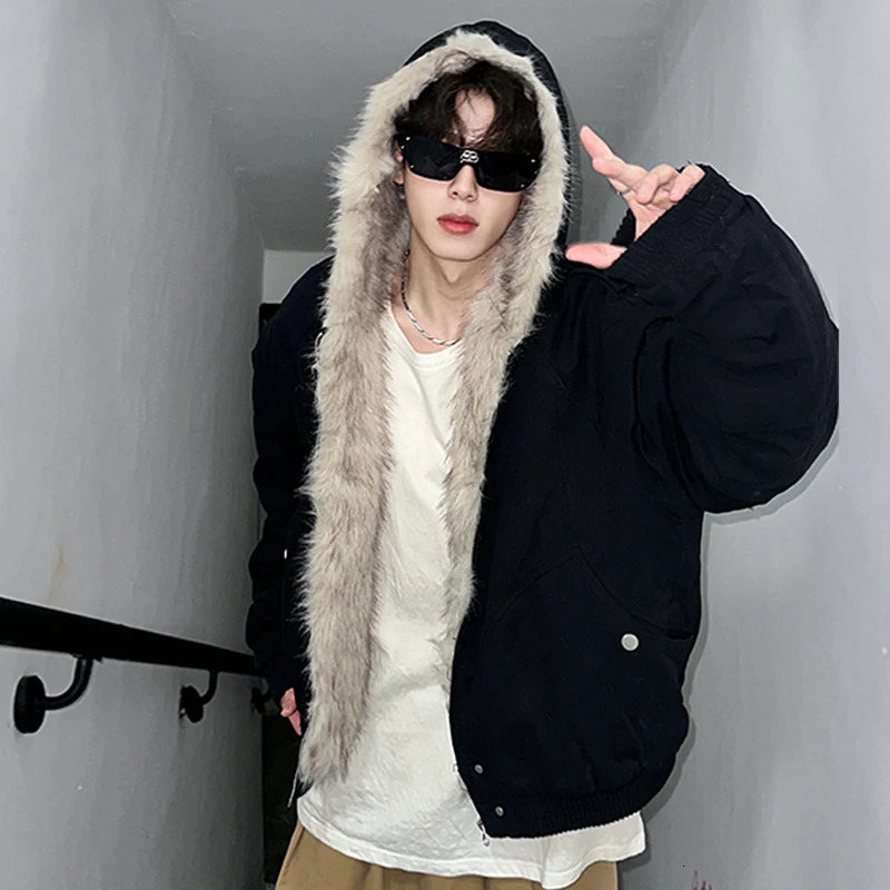 LUZHEN casual edition hooded padded jacket fashionable unisex niche solid color faux fur splicing high-quality Parkas men LZ8027 241202