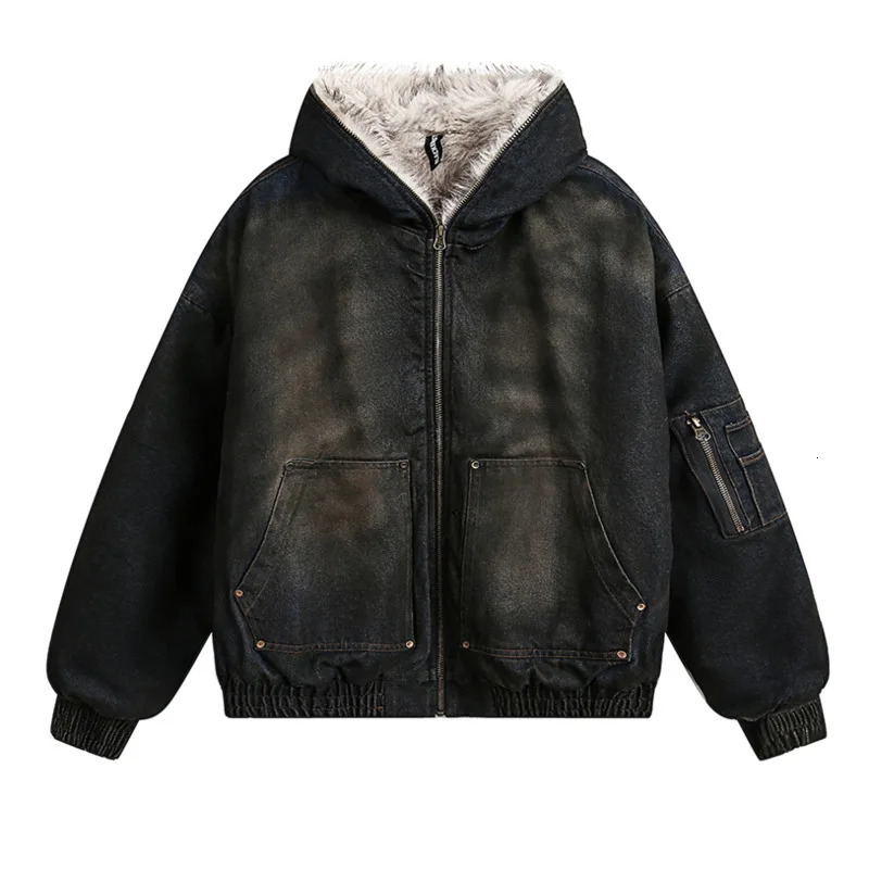 PFNW mens thick denim quilted padded jacket autumn and winter trends oversized fur collar hooded cotton padded jacket 241202