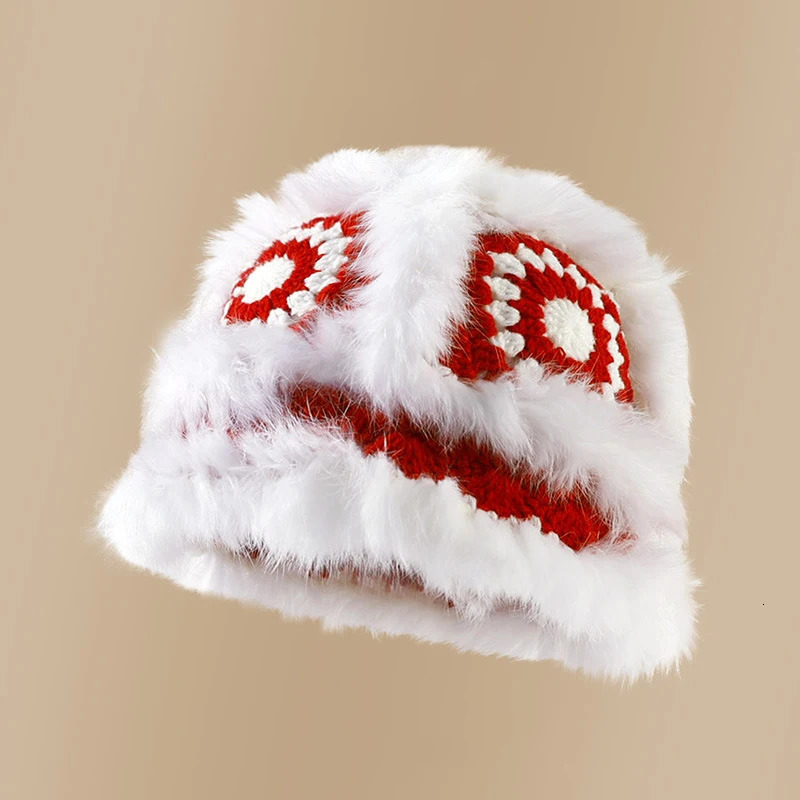 Rabbit fur knitted plush hat womens autumn and winter fluffy tiger head lion awakening hat cute display face small wool hat 241205