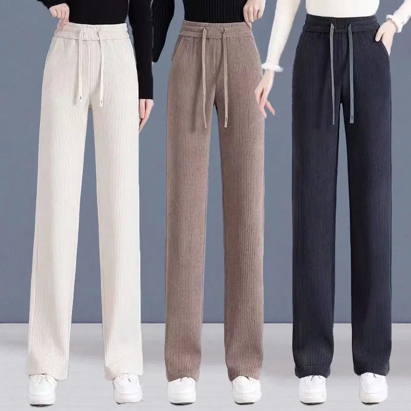Autumn and winter elastic waist loose casual wide leg Corduroy pants for women with added velvet fashion full matching Trouser womens clothing 241202