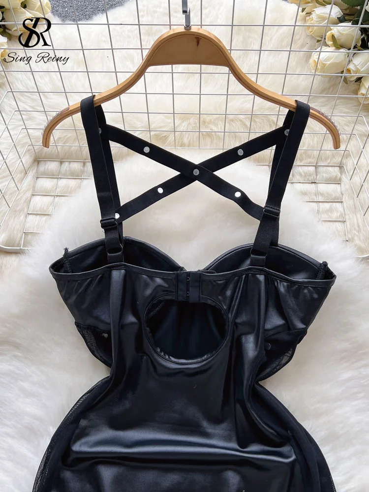 SINGREINY Party Camis Women Sexy Pajamas Dress Hollow Out Backless Bodycon Night Dress Streetwear Club Leather Erotic Nightwear 241205