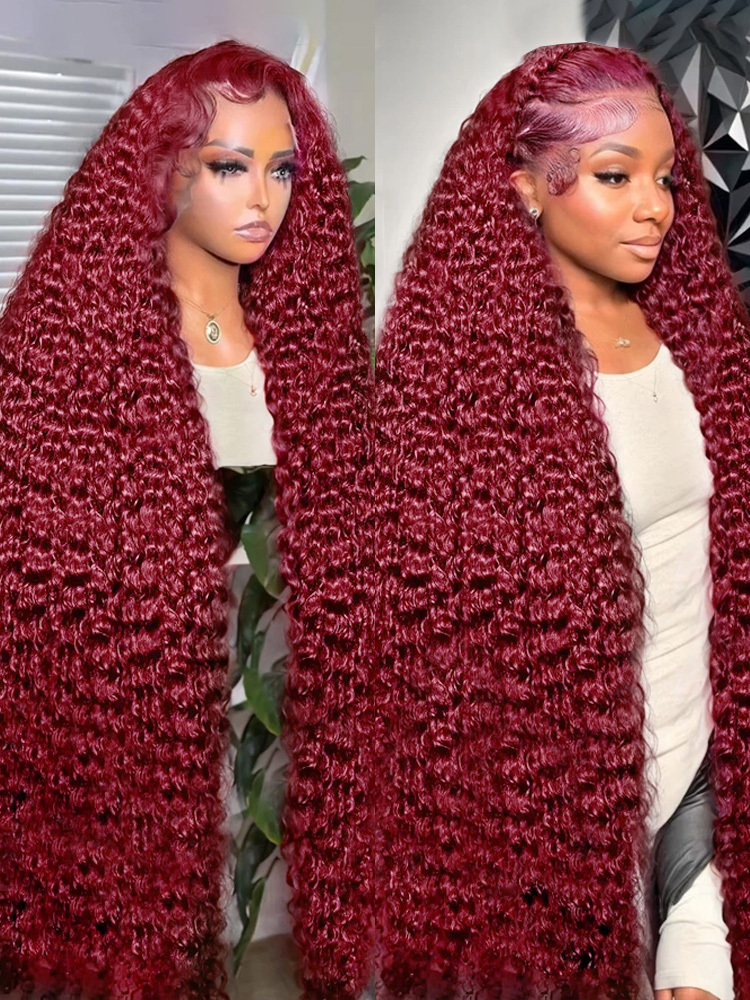 30 40 Inch Water Curly 99J Bury 13X4 Frontal Wig High Density Red Colored Deep Wave 13X6 HD Lace Front Human Hair Wigs