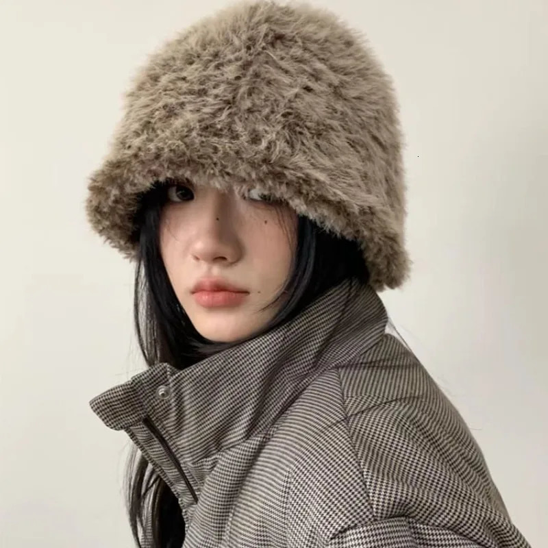 Y2k Plush Fluffy Bucket Hat Womens Korean Ins Casual Edition Fishermans Hat Winter Warm Snow Fur Retro Potted Hat 241205