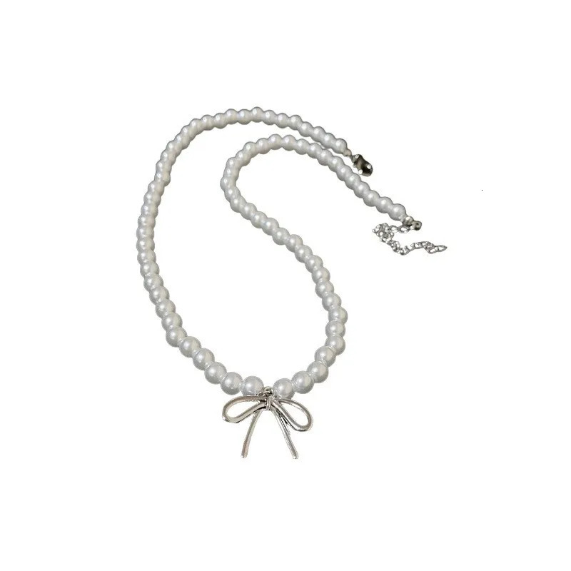 Fashionable pearl bow necklace French retro style birthday jewelry for wife 241205