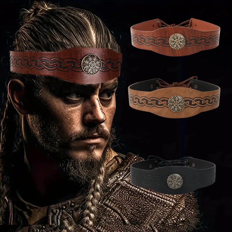 Medieval Mens Halloween Vintage Viking Pirate Print Headdress Celtic Crown PU Leather Role Play Props Accessories 241122