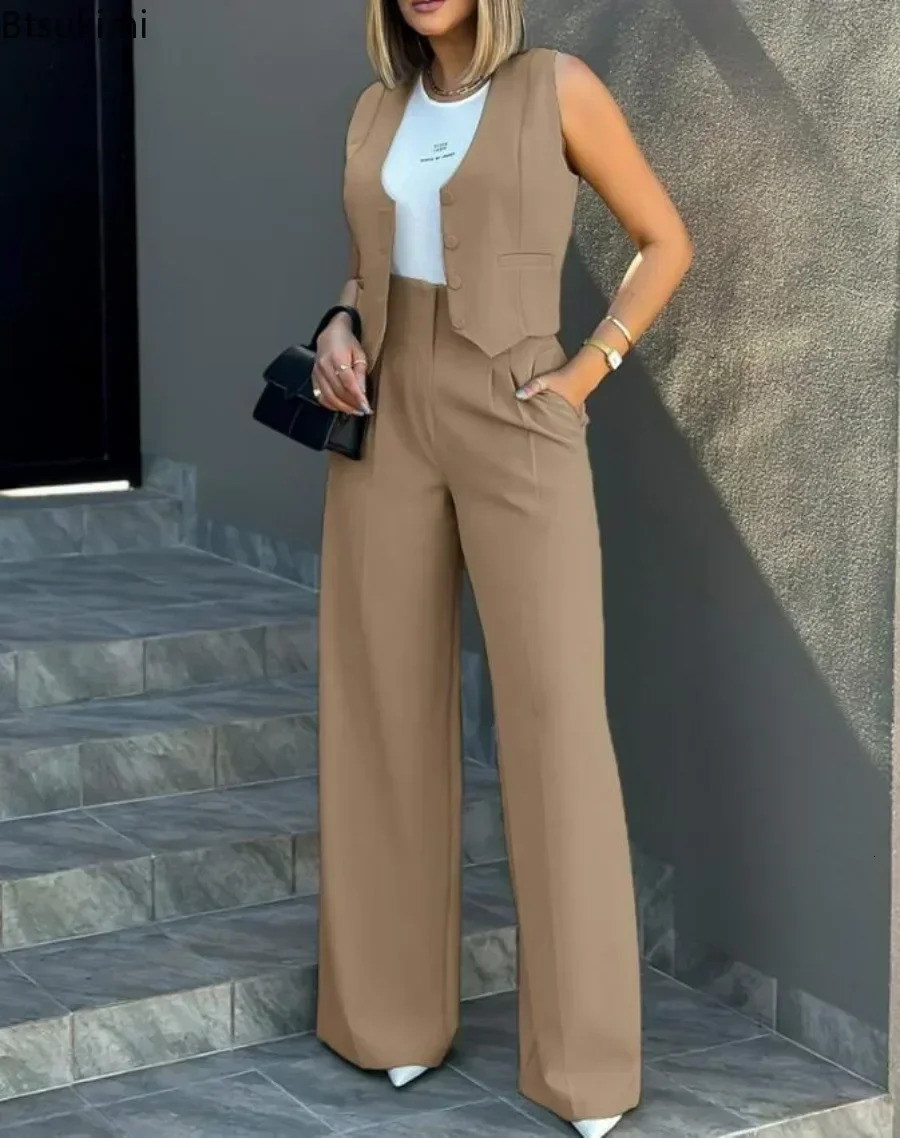 Summer Casual 2PCS Pants Solid Tank TopPants Elegant High Waist Wide Leg Womens Matching Set