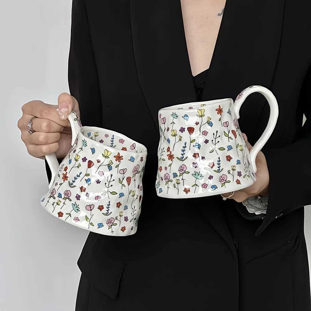 600ml/21oz Ceramic Coffee Mug with Floral Design Heat-resisting Water Cup Reusable Hot and Cold Beverages Ideal for Couples CupXJ241205
