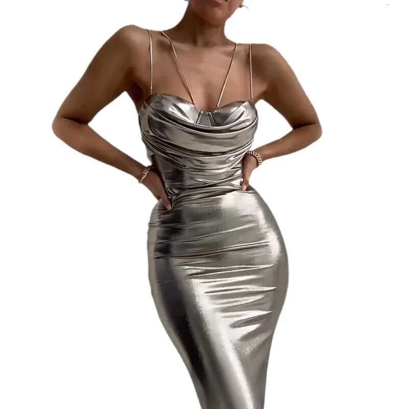 Women's Sier Ruched Metallic PU Leather Bodycon Sexy Corset Party Elegant Strap High Waist Tail Evening Dress B1