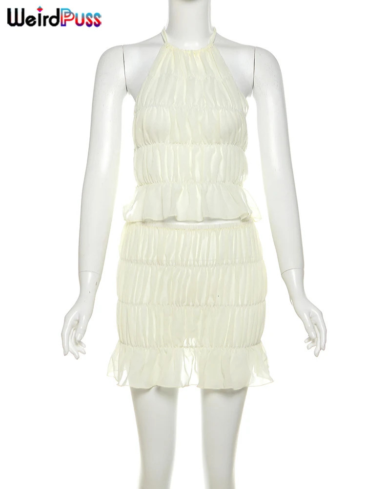 Weird Puss Ruched Sexy 2 Piece Set Women Y2K Thin Vacation Beach Style Backless CamisoleMini Skirts Midnight Clubwear Outfits 241204