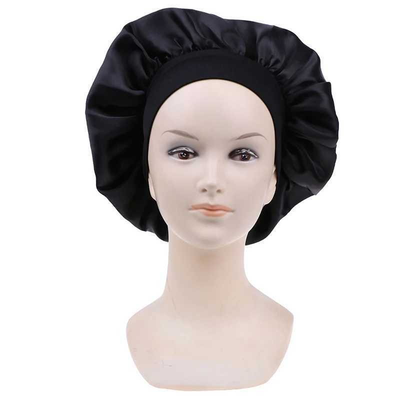 Long Hair Care 58cm Women Satin Bonnet C Night Sleep Hat Silk Head Wr Adjust Shower Cs Knitted C Solid ColorXJ241205