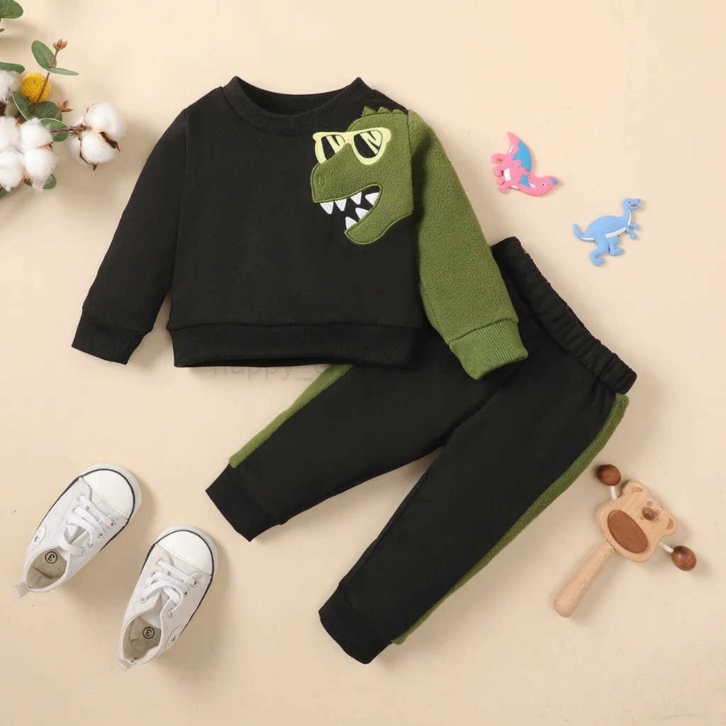 3-24 Months Baby Boys 2PCS Clothes Set Dinosaur Pattern Long Sleeves Print Black Top+Pants Toddles Autumn Winter Handsome OutfitXJ241205