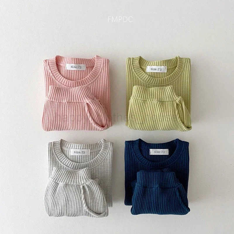 2024 Korea Toddler Baby Clothing Sets For Infant Baby Boys Clothes Set Mock Two-piece Waffle Cotton Sweatshirt+Pants 2pcs OutfitXJ241205