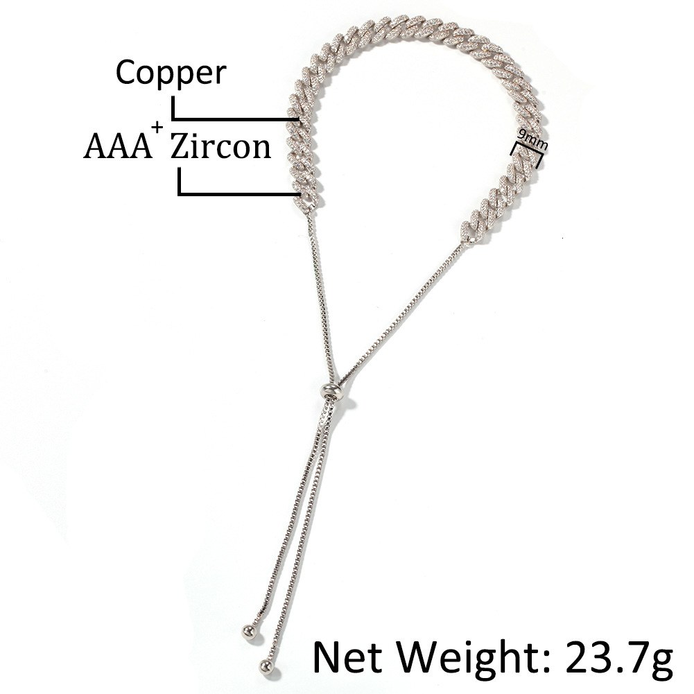 New Full Cubic Zirconia Cuban Link Chain Necklace Length Adjustable Hip Hop Iced Out Gemstone Diamond 18k Rose Gold Choker Necklaces For Women Collar 