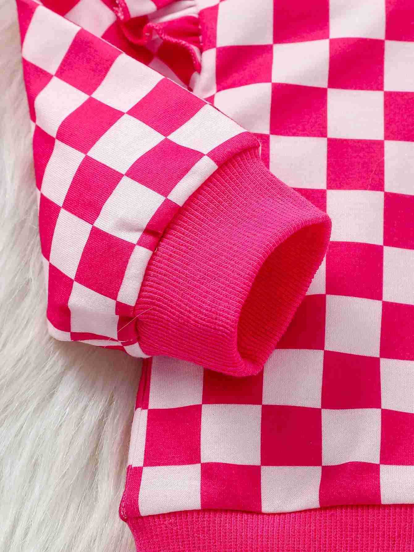 2Pcs Baby Girls Pink Long Sleeve Plaid Sweatshirt +Pants For Fall/Winter Casual Clothing SetXJ241205
