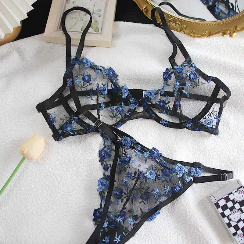 Super beautiful floral embroidery lingerie sweet sexy mesh bra set s girl pure desire underwear femaleXJ241205