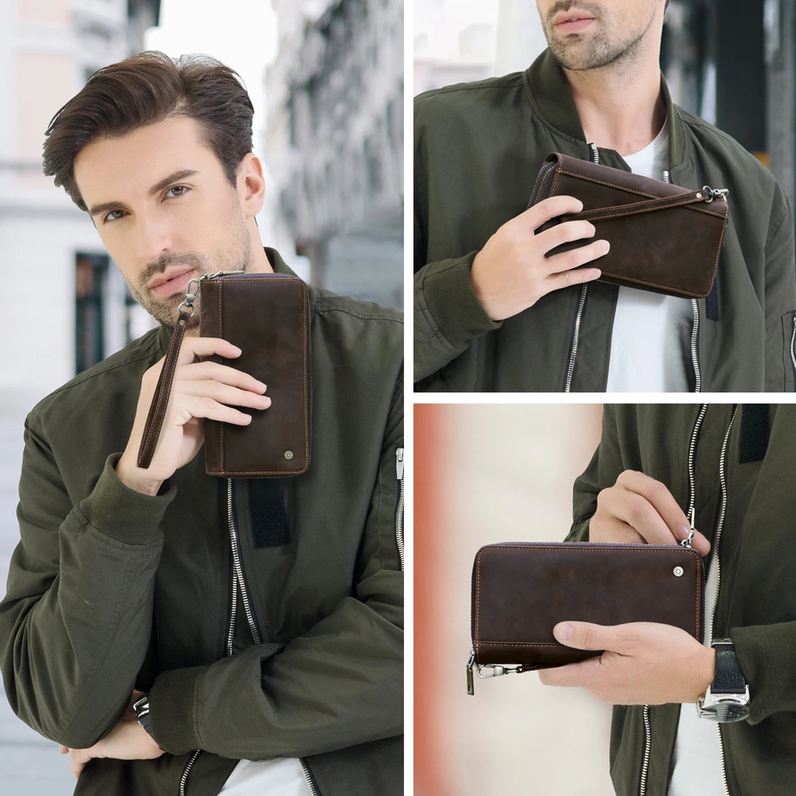 ContactS Genuine Leather Mens Wallet Clutch Bag Card Holder Long Wallets Double Zipper Large Capacity Vintage Male Purses 241204