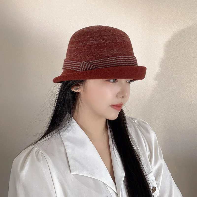 Autumn/Winter Japanese Curly Knitted 100% Wool Yarn Contrast Striped Womens Retro Casual Warm Bowl Hat Fishermans Hat 241205