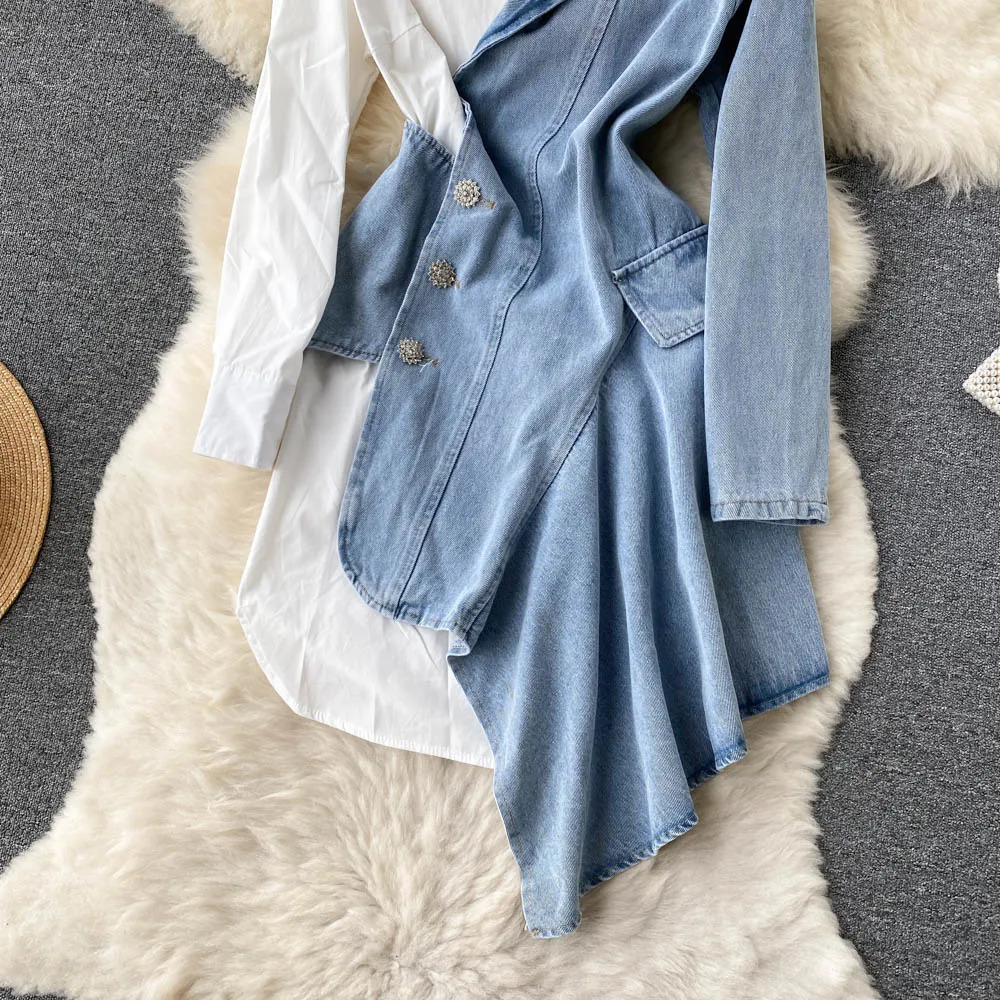 Womens Irregular Splicing Denim Dress Long-sleeved Shirt Patchwork Cowboy Temperamen Design Jeans Shirts Dresses 241204