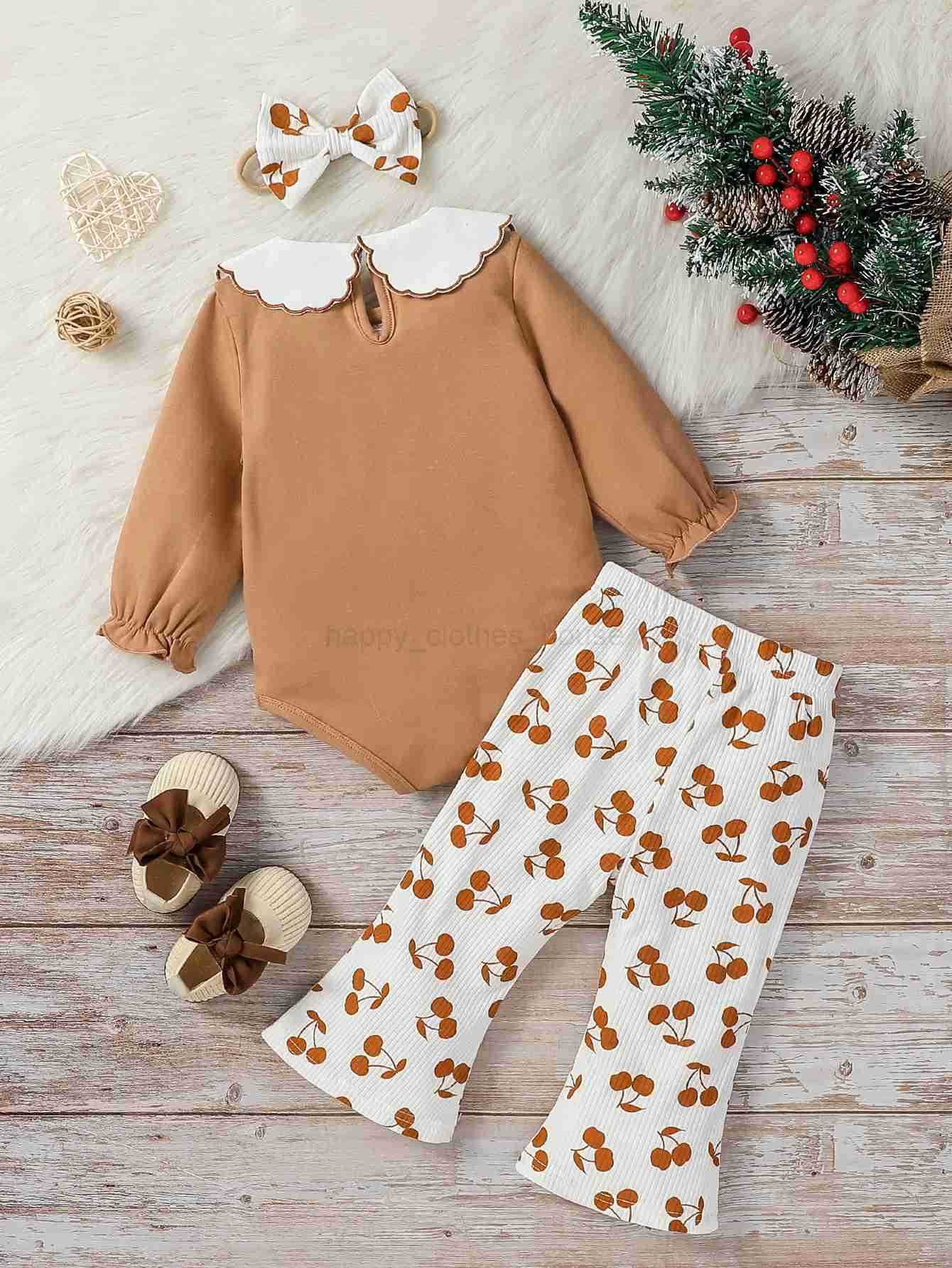 Baby Girl Fall Outfits Cherry Embroidered Doll Collar Long Sleeve Romper + Flare Pants For Newborn-18M 2Pcs Clothes SetXJ241205