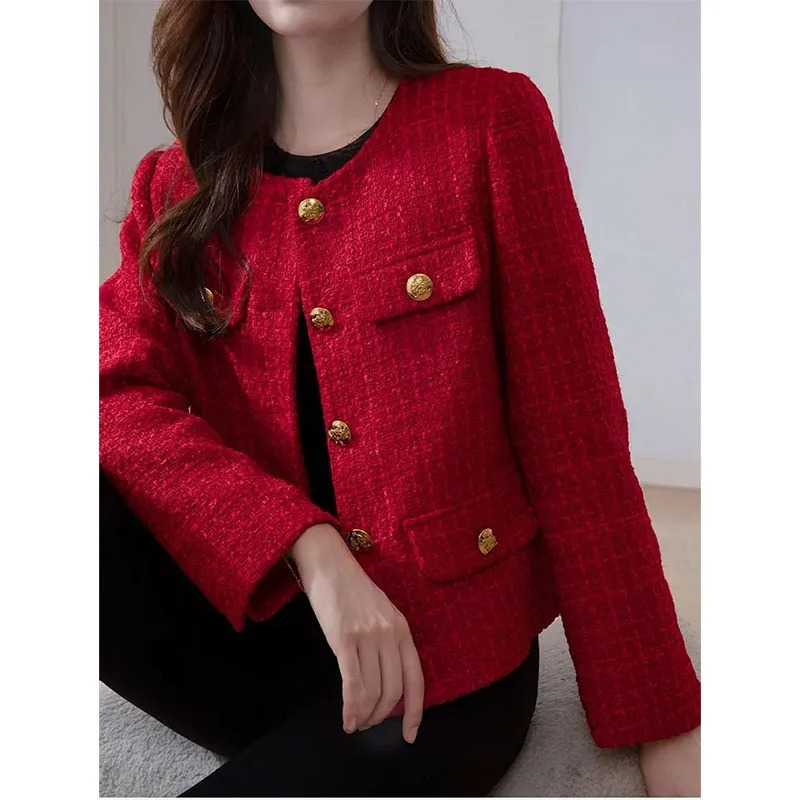 Womens Short Jacket Spring Autumn Korean Fashion Female Tops Elegant Red Tweed Small Fragrance Coat Outerwear 241205