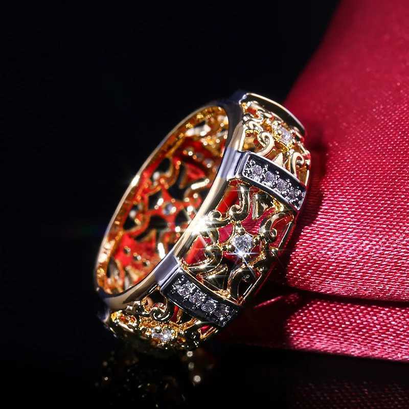 Huitan 2019 New Ethnic Power Ring Fashion Gold Hollow Belt Geometric Cube Zircon Hot Selling Engagement Ring W241205