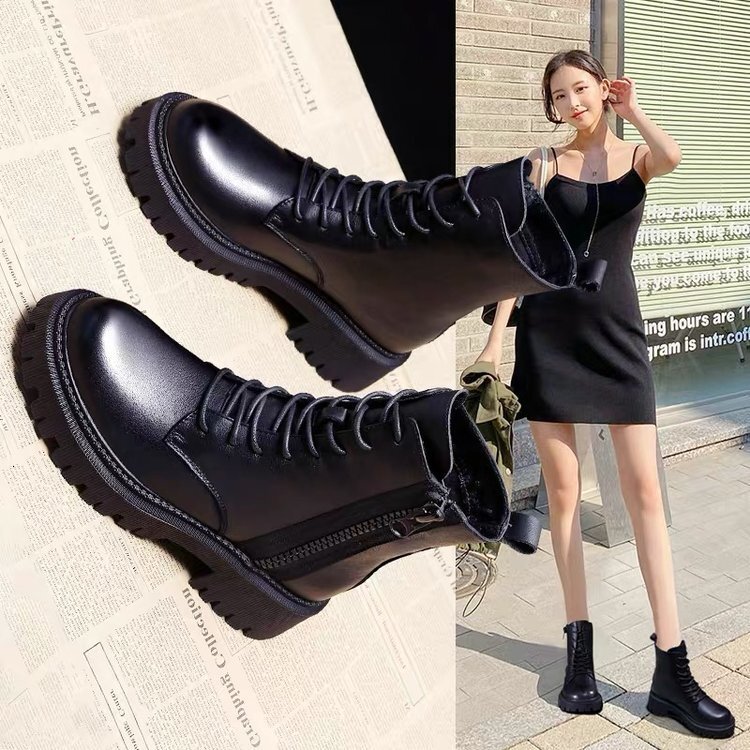 British mid length boots Martin boots 2022 model black handsome short boots PU front lace up round toe low heel thick sole single boot