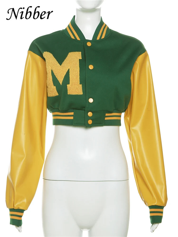 Nibber Autumn Hipster PU Jacket Women Long Sleeve Patchwork Short Varsity Baseball Coat Female Casual Warm Streetwear Top 241205