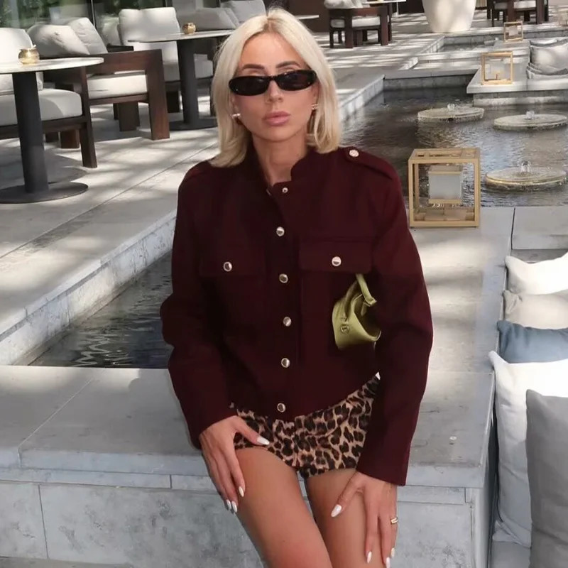 HXAO Womens Jacket Burgundy Tweed Jacket Outerwears Wool Blends Coats Winter Button Red Cropped Jacket Long Sleeve Coats 241205