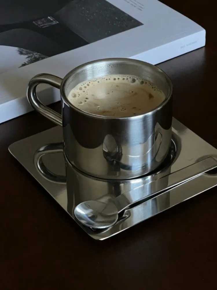 304 stainless steel water cup Nordic design metal coffee cup spoon and plate minimalist coffee set Ins Blogger desktop software X241205