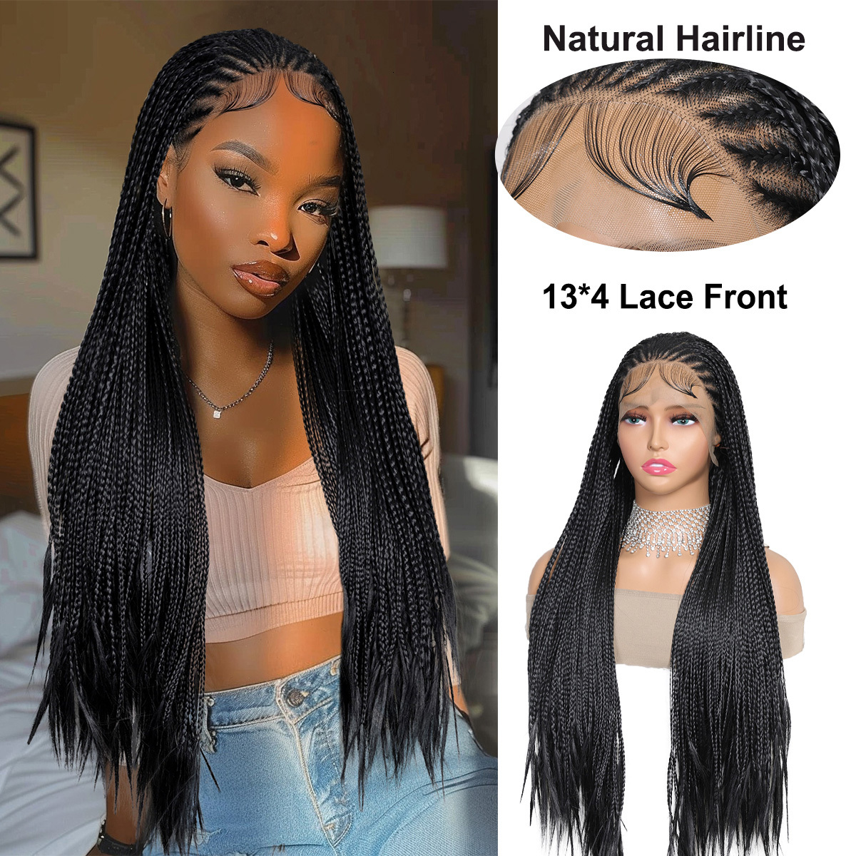 13X4 Lace Braiding Faux Locs Long Wig Goddess Twist Box Braided Synthetic Frontal Wigs For Black Women Bleached Knotless