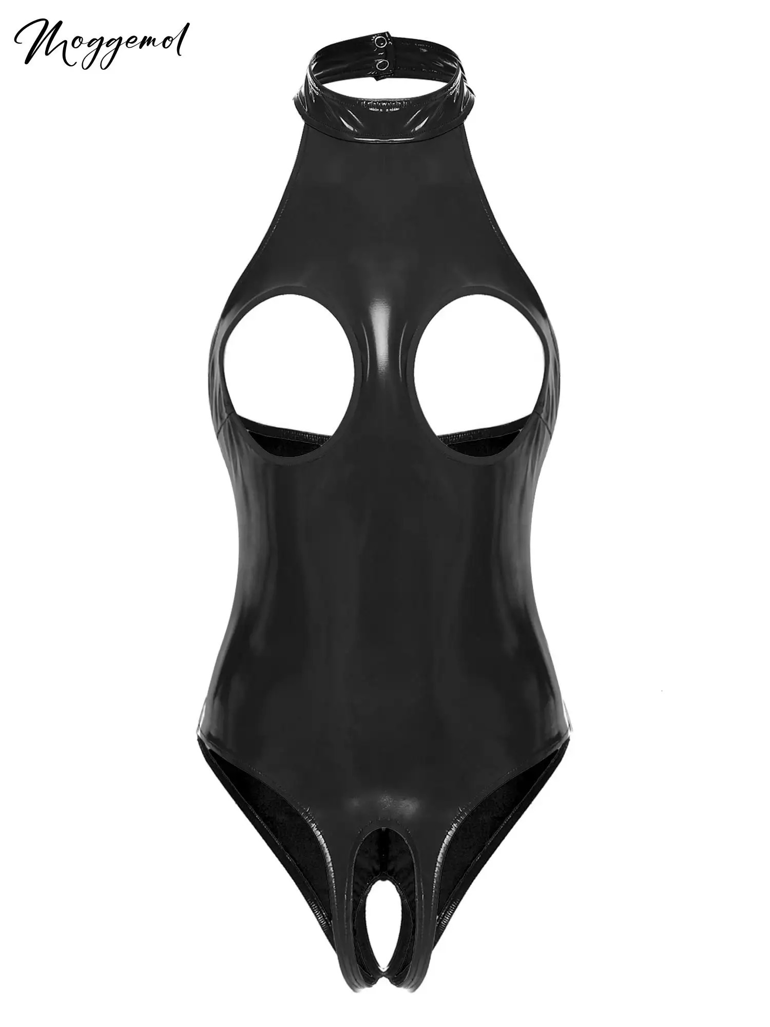 Sexy Womens Cutout Patent Leather Bodysuit Halter Neck Backless Lingerie One Piece Open Bust Erotic Open Crotch Teddies Costume 241205