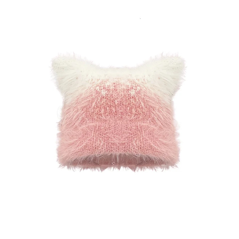 Korean style gradient color mixed thread knitted cat ear hat mens autumn and winter item ruffled toque casual cool full match 241205