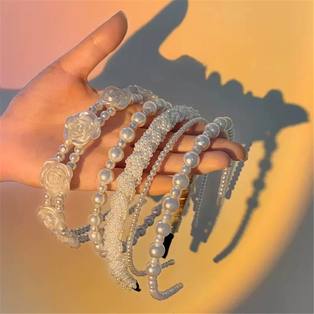 Elegant Big White Pearl Headbands for Women Girl Handmade Simple Rose Flower Hairbands Wave Retro Hairhoop Headdress Accessories 241122