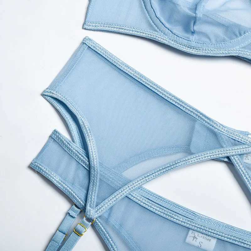 3pcs Ladies Sexy Solid Sensual Lingerie Set Mesh Underwear Women Push Up Bra Garters Brief Sets Transparent Blue BraXJ241205