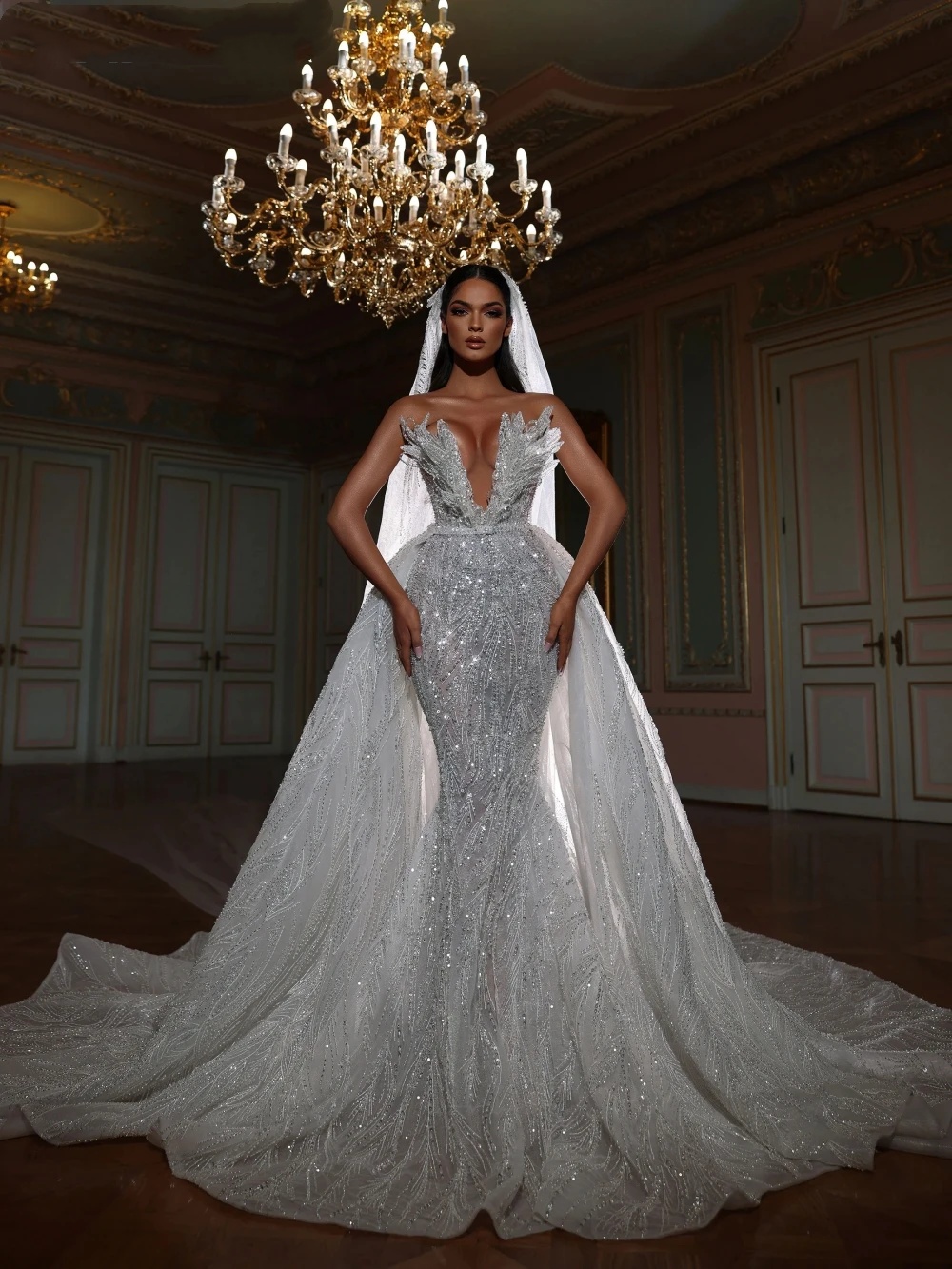 3D Beaded Mermaid Wedding Dress With Detachable Train Shiny Sexy Deep V-neck Sleeveless Bridal Gown Customized vestidos de novia