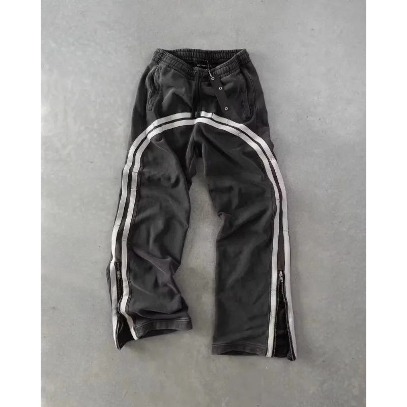Y2K 2 piece set Men Stripe Pattern Zip Up Hoodie High Quality Fashion Casual Pants Oversized Sweatshirt Hip Hop Streetwear 241204
