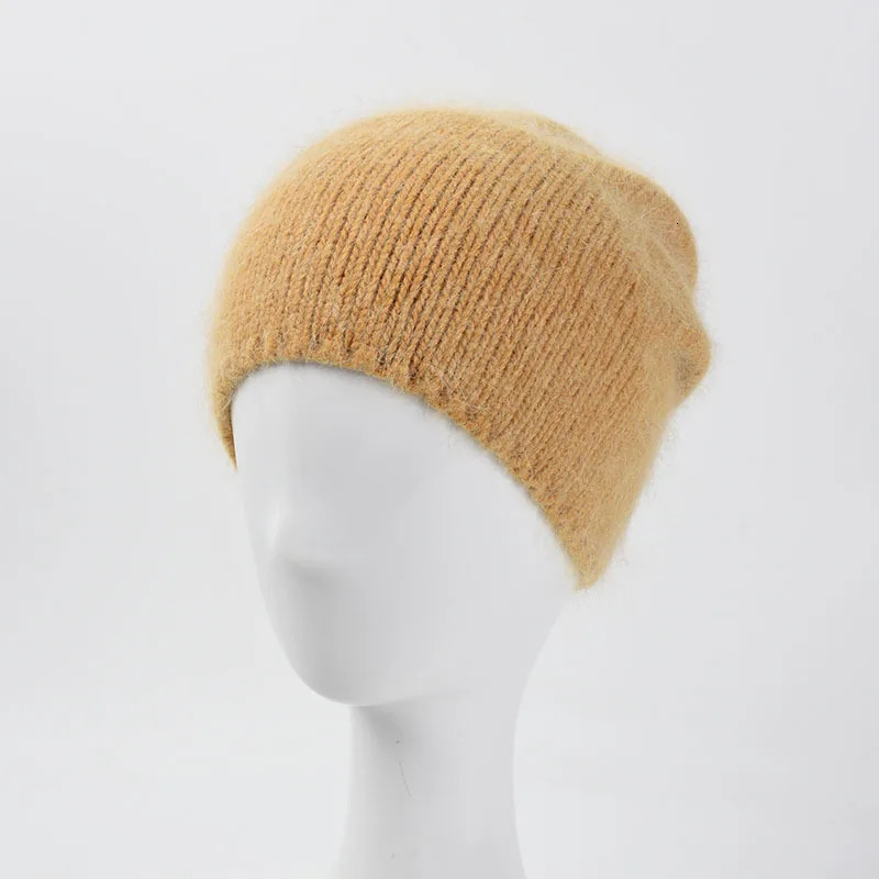 OMEA Angora Rabbit Skin Winter Hat Womens Solid Hair Warm Knitted Girls Hat Hat Korean Blurred Pink Soft Bean 241205