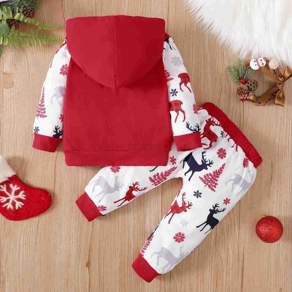 Christmas Clothes 0-18M Newborn Baby Girls Boys Deer Outfits Casual Hooded Sweatshirts Tops Pants 2Pcs Autumn Infant Kids SetXJ241205