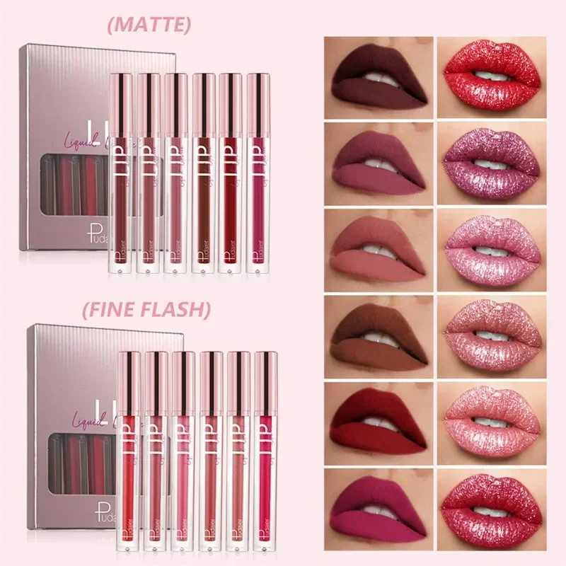 6 Colors/Set Matte Glitter Lip Gloss Non-stick Cup Not Easy To Fade Waterproof Lasting Velvet Sexy Red Liquid Lipstick CosmeticXJ241205