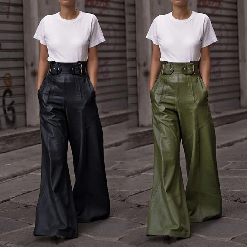 Casual Loose Leather Pant High Waist Wide Legs Solid Pocket Flare Female 2025 Autumn Fashion Belt Streetwears Lady 241205