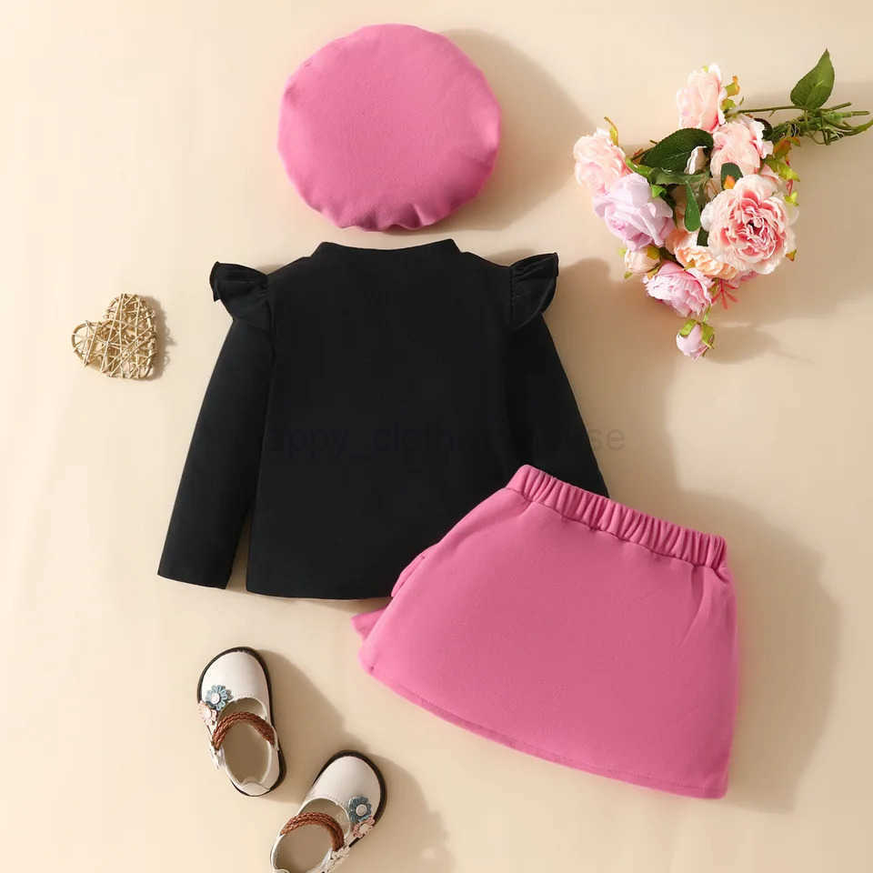 6-18months Infant Autumn and Spring Baby Girls Long Sleeve Letter Top Cat Peint Plush Skirt Beret Three-piece SetXJ241205
