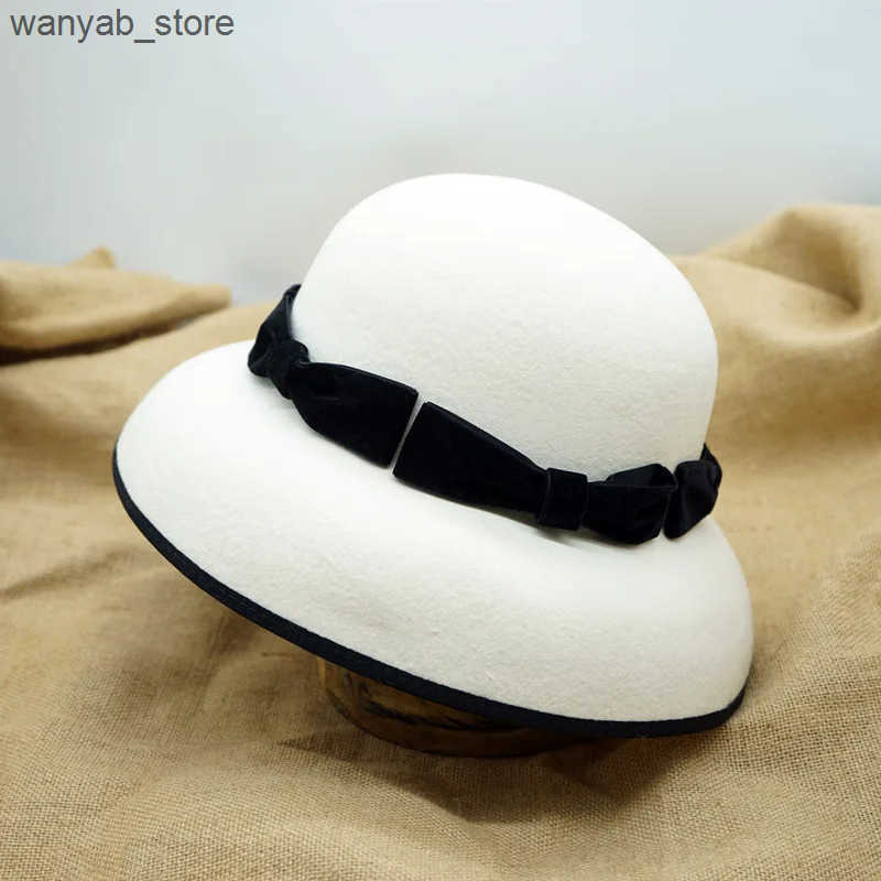 Cloches Elegant Womens Fedora Hat% Wool Bow Winter Hat Womens Cloche Bowler Hat Cocktail Wedding Dress Church Charming Hat L240910