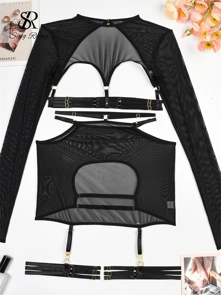 SINGREINY Erotic Sheer Sexuality Underwear Set Hollow Out Bandage Slim Women Shapewear Club Long Sleeve Lingerie 5 Pieces Suits 241205