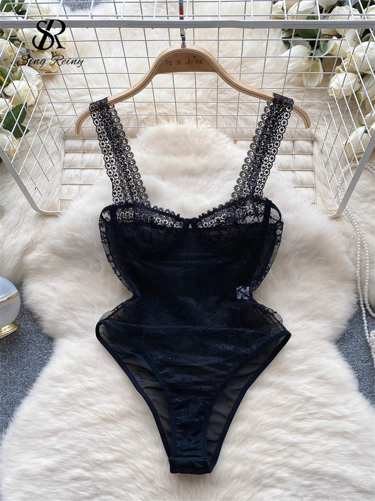 SINGREINY Women Lace Lingerie Erotic Rompers Fashion Sheer Skinny Short Playsuits Porno Solid Open crotch Underwear Sexy Rompers 241205