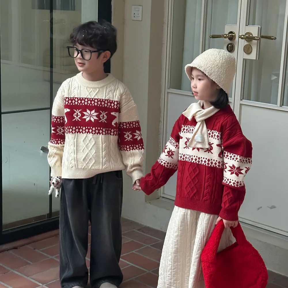 Childrens Knitted Sweater 2024 Winter New Snowflake Knitted Sweater Boys Knitted Sweater Warm Top W241205