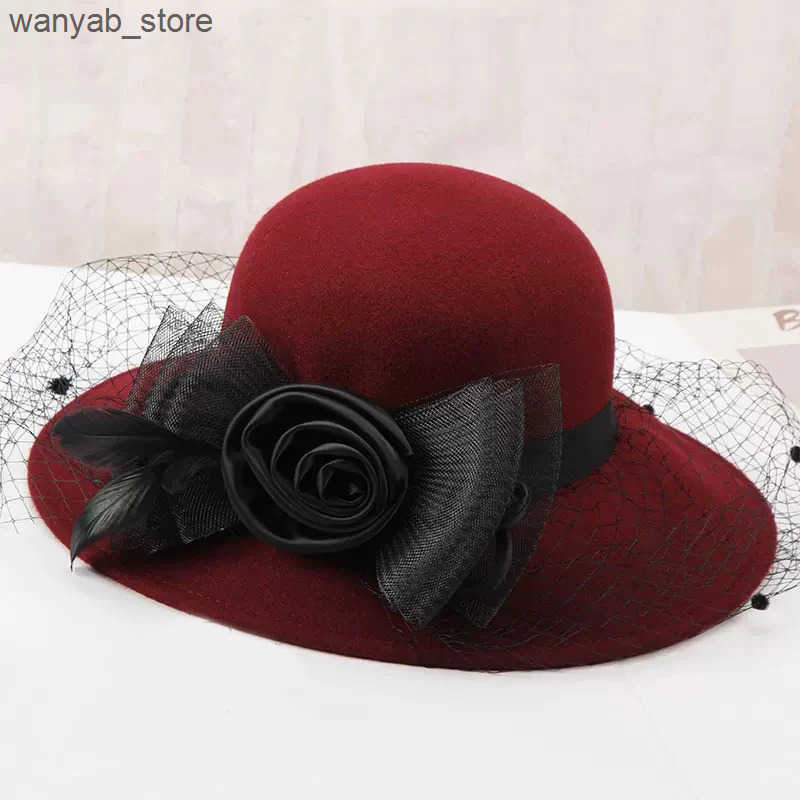 Cloches 2019 Elegant Womens Felt Fedora Wide Brim Hat Cloche Bowler Autumn Winter Church Hat Chapeau Womens Hat Wine Red Black L240910