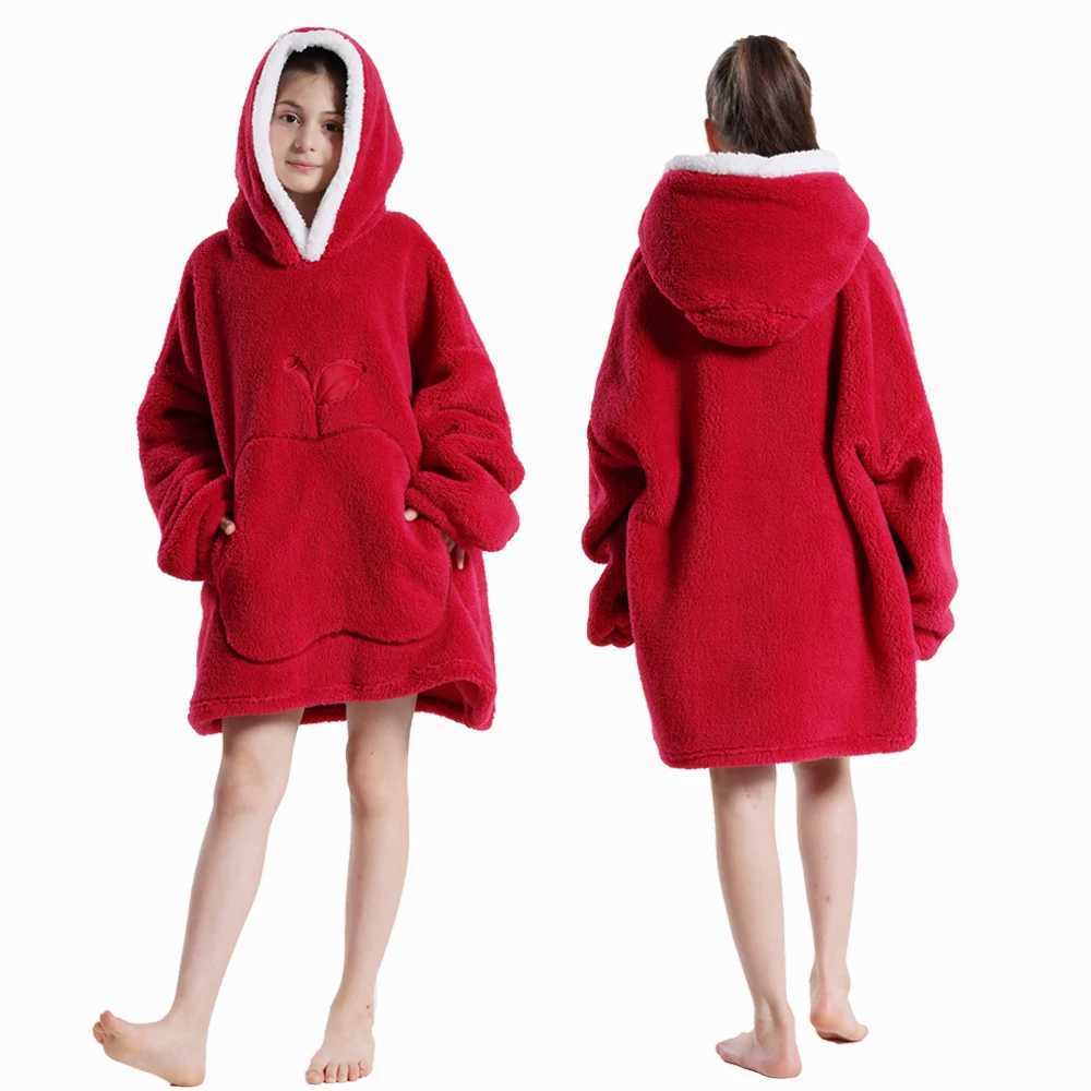 Pajamas Winter Kids Clothes Girl Hoodies Oversized Sherpa Blankets with Sleeves Boys Solid Flannel Sweatshirts Warm Soft Children Coats H241205
