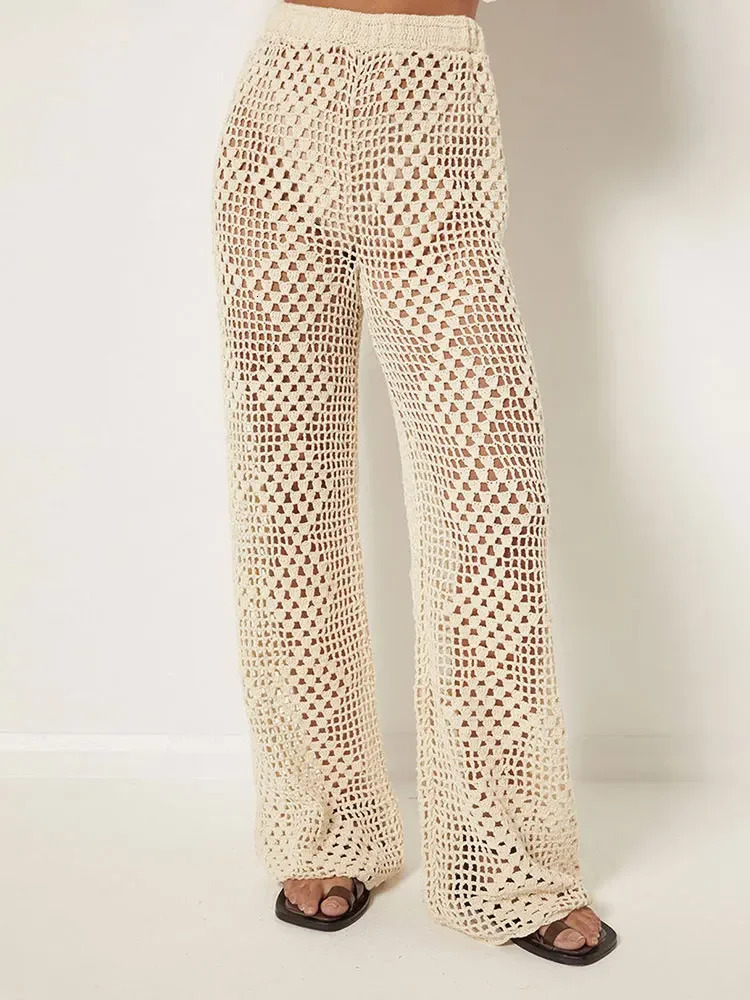 2025 Womens Solid Color Knit Plaid Sexy Hollow Out Beach Bikini Outer Set Beach Holiday Casual Knit Pants 2-Piece Set A3141 241204