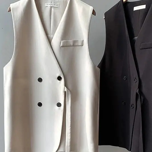 Women Spring Autumn Loose Suit Vest Jacket Female V-neck Sleeveless Coats Ladies Casual Double Breasted Waistcoat W681 241205